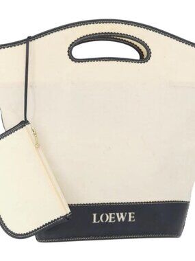 LOEWE Hand Bag Canvas White Gold Auth